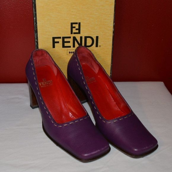 Fendi Vintage Purple Leather Block Heel Pumps – Square Toe - Picture 2 of 14